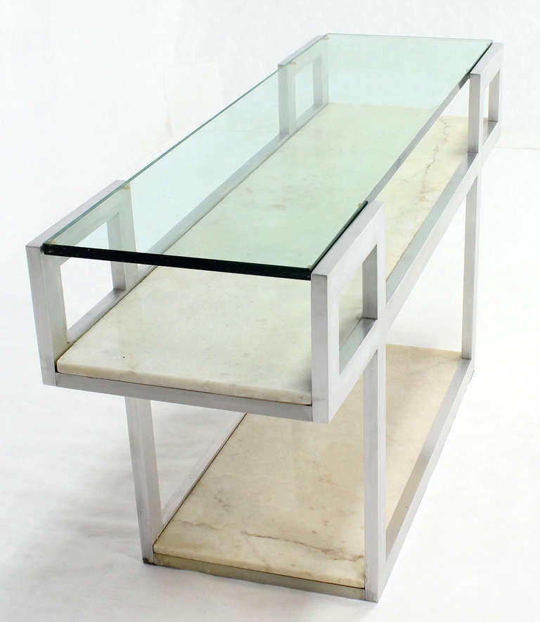 American Mid-Century Modern Console Display Table with Marble Shelves