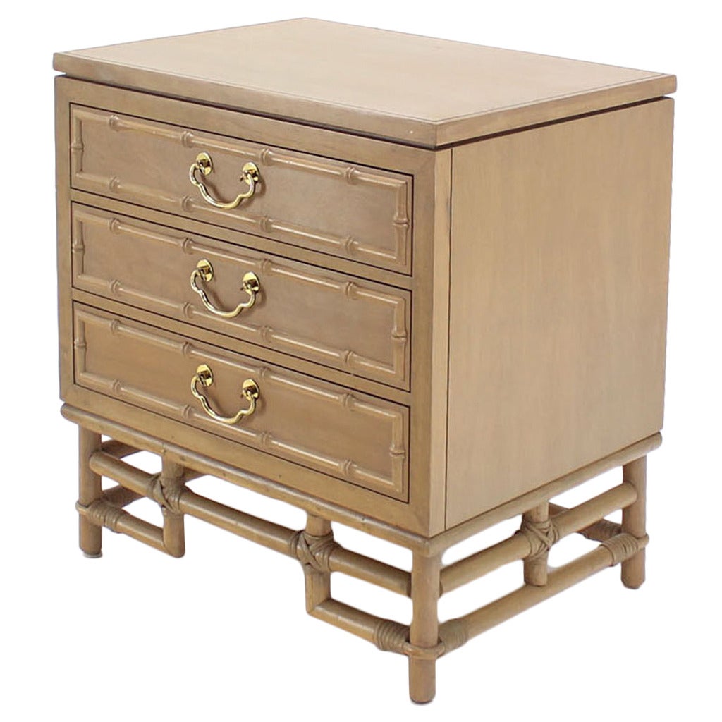 Faux Bamboo Three Drawer Petite Beige Lacquer Chest Dresser Brass Pulls