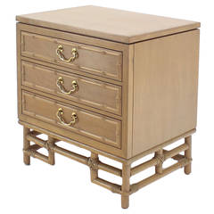 Faux Bamboo Three Drawer Petite Beige Lacquer Chest Dresser Brass Pulls 8
