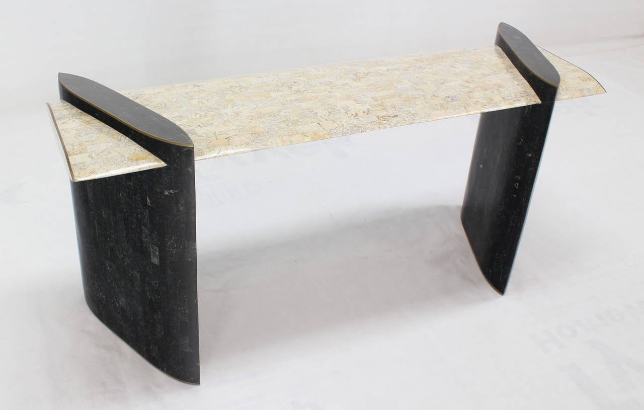 Tessellated stone veneer with brass inlays mid century modern console table by Maitland-Smith.