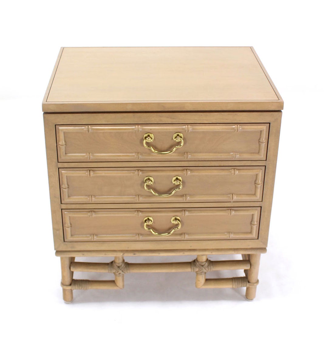American Faux Bamboo Three Drawer Petite Beige Lacquer Chest Dresser Brass Pulls
