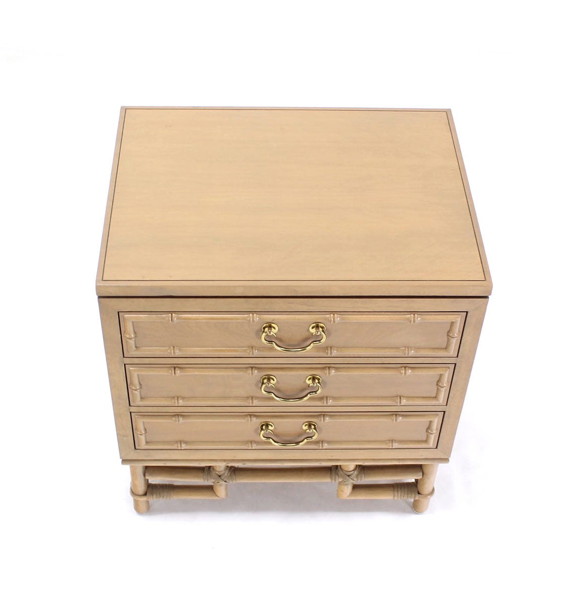 Faux Bamboo Three Drawer Petite Beige Lacquer Chest Dresser Brass Pulls 2