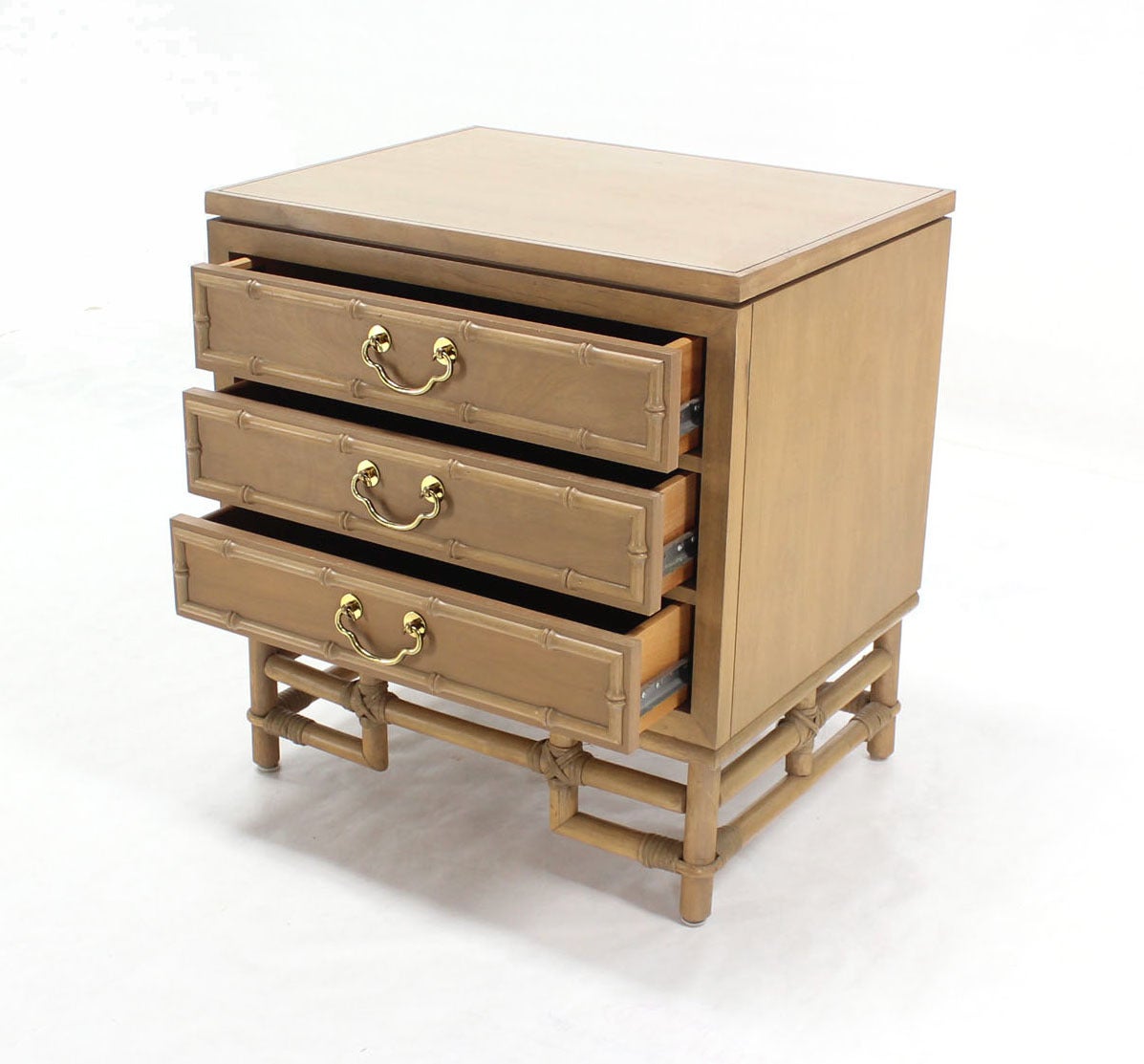 Lacquered Faux Bamboo Three Drawer Petite Beige Lacquer Chest Dresser Brass Pulls