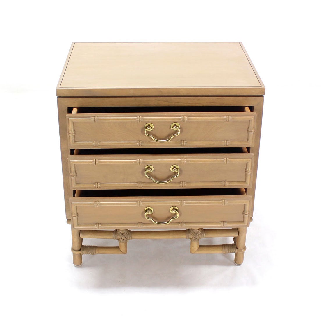 20th Century Faux Bamboo Three Drawer Petite Beige Lacquer Chest Dresser Brass Pulls