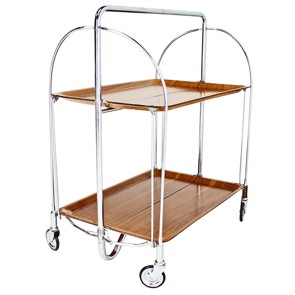 Mid-Century Modern Folding Tea Cart in Chrome and Molded Plywood