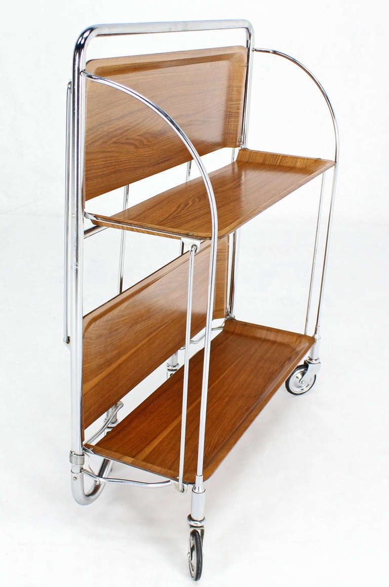 20th Century Mid-Century Modern Folding Tea Cart in Chrome and Molded Plywood