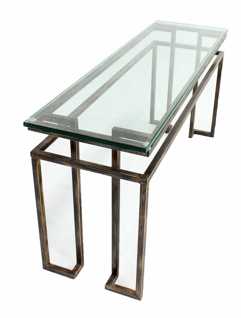Very nice architectural lines patinated steel console table with 3/4