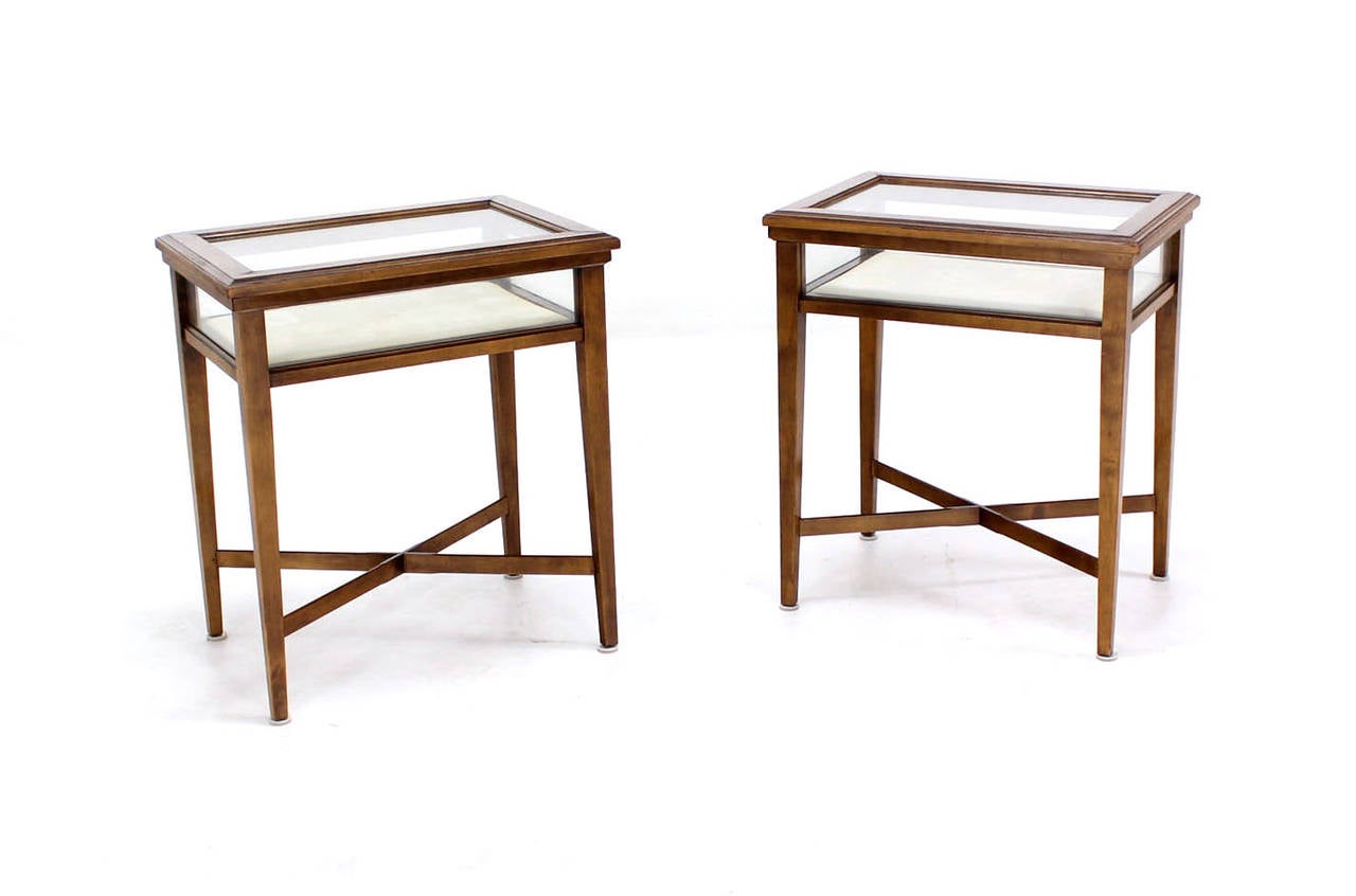 20th Century Pair of Glass and Wood Lift-Top Cross Base End Tables