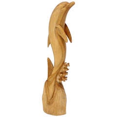 Tall Carved Teak Dolphin Sculpture