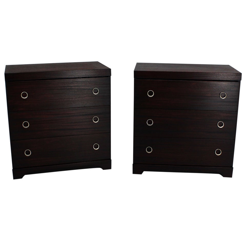 Pair of ebonized mahogany 3 drawer bachelor chests dressers.