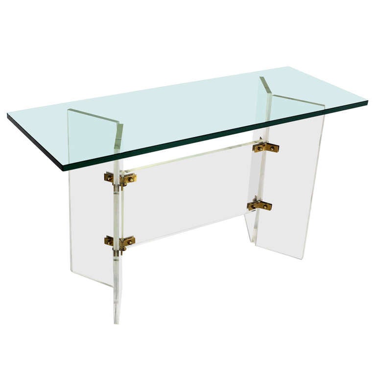 GlassTop MidCentury Modern Console Table on Lucite and Brass Base at