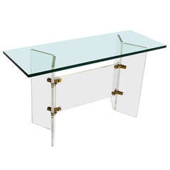 Glass-Top Mid-Century Modern Console Table on Lucite and Brass Base