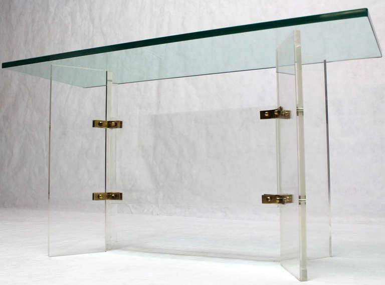 20th Century Glass-Top Mid-Century Modern Console Table on Lucite and Brass Base