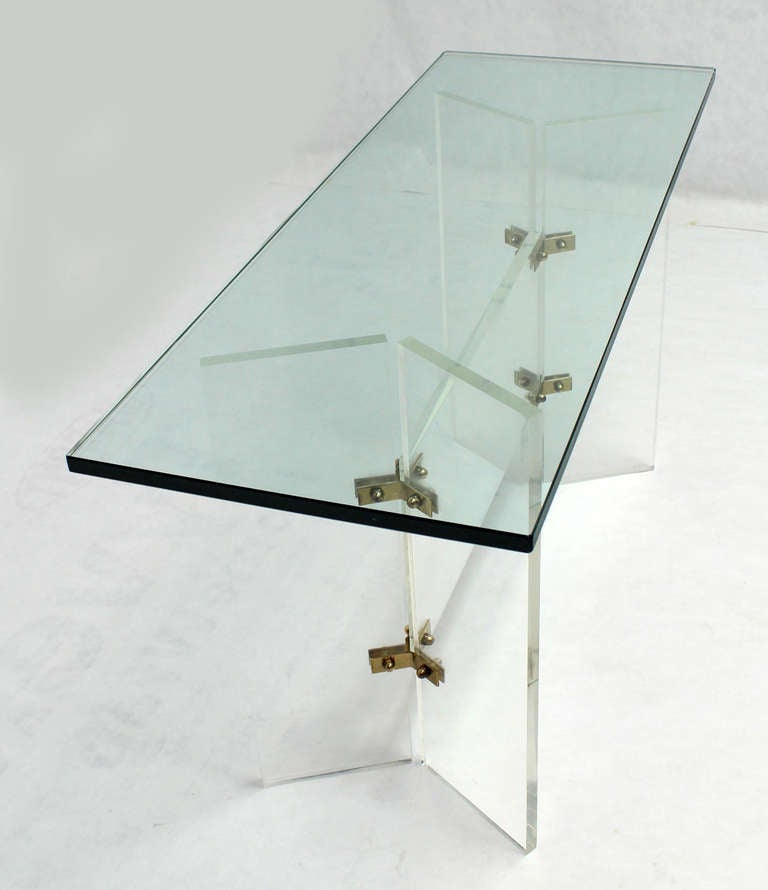 Glass-Top Mid-Century Modern Console Table on Lucite and Brass Base 1