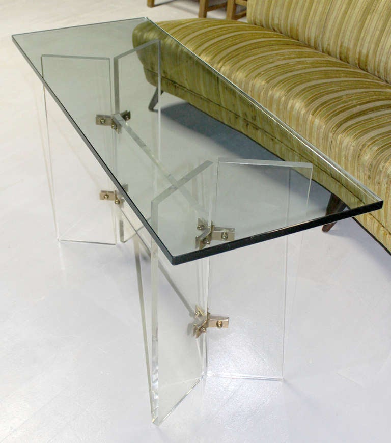 Glass-Top Mid-Century Modern Console Table on Lucite and Brass Base 2