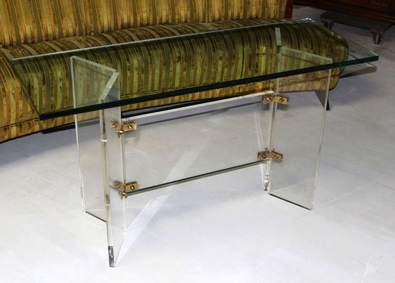Glass-Top Mid-Century Modern Console Table on Lucite and Brass Base 3