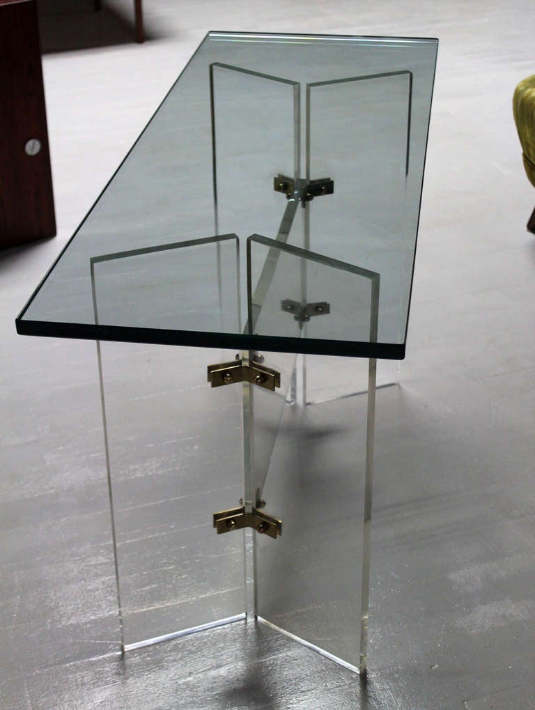 American Glass-Top Mid-Century Modern Console Table on Lucite and Brass Base