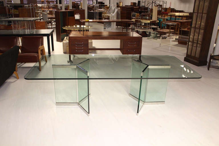 Mid-Century Modern 8' Long Pace Collection Glass 2 Chrome Pedestals Dining Table