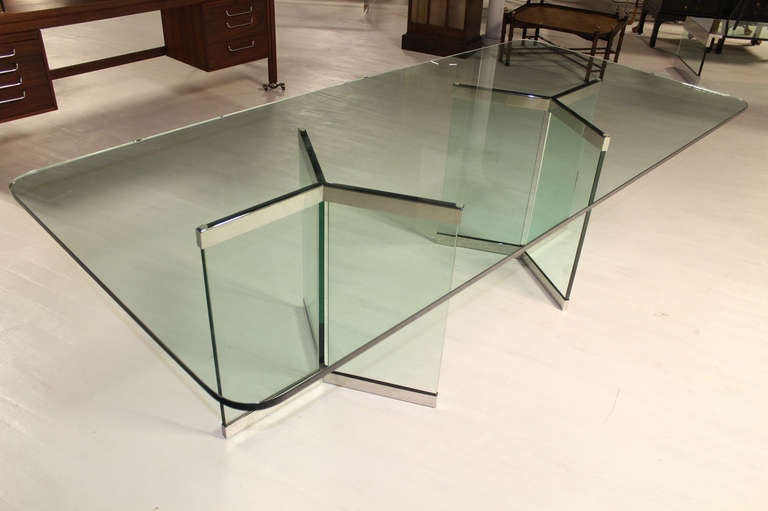 20th Century 8' Long Pace Collection Glass 2 Chrome Pedestals Dining Table