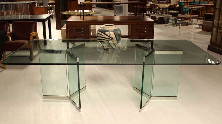 8' Long Pace Collection Glass 2 Chrome Pedestals Dining Table 3