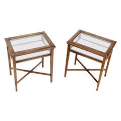 Pair of Glass and Wood Lift-Top Cross Base End Tables