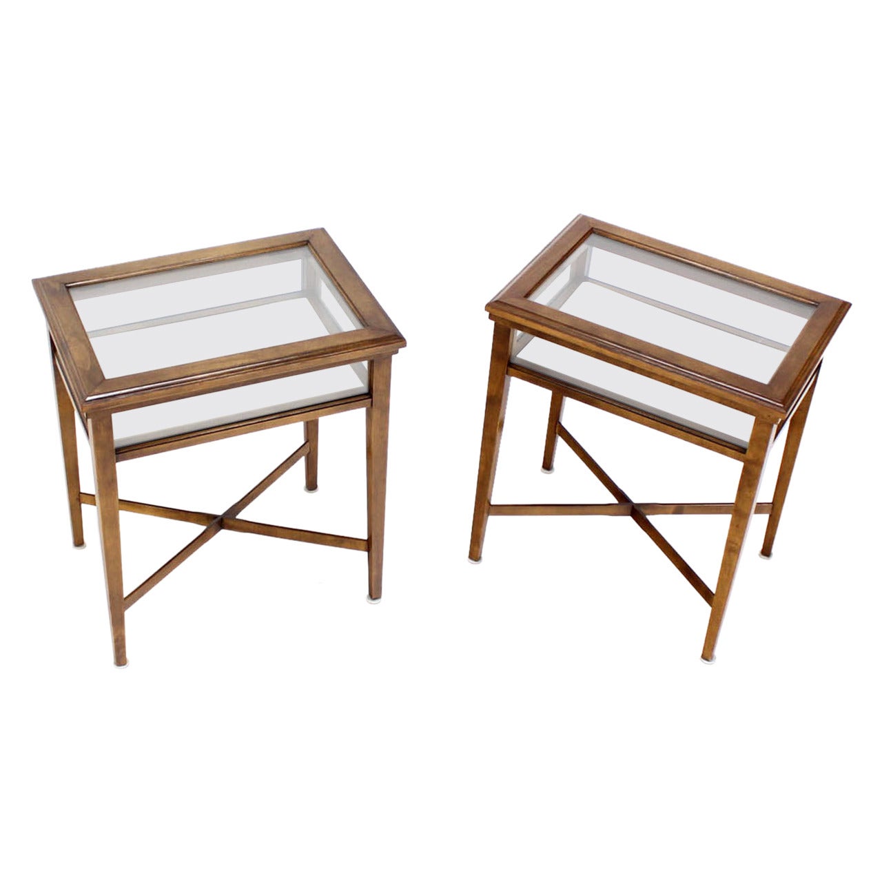 Pair of Glass and Wood Lift-Top Cross Base End Tables
