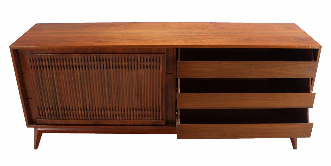 20th Century Danish Mid Century Modern Walnut Long Credenza Dresser with Sliding Door