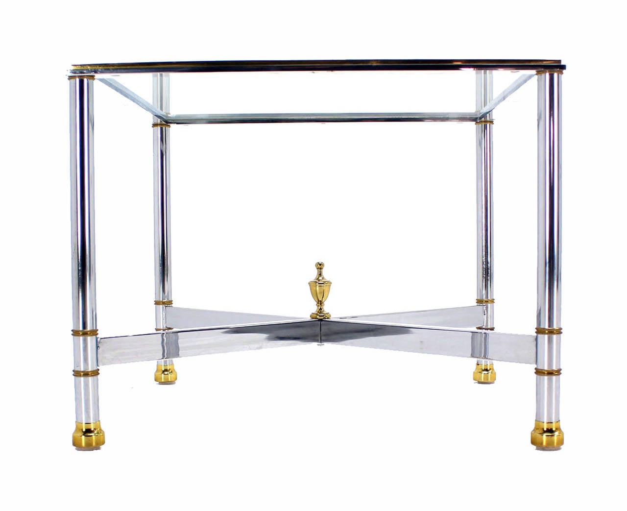 Brass chrome and glass tops tables with x bases.