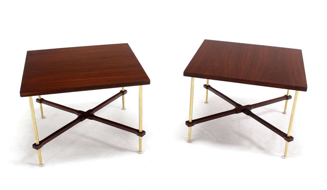 Pair of Walnut and Brass X-Base End or Side Tables 4