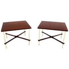 Pair of Walnut and Brass X-Base End or Side Tables
