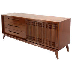 Danish Mid Century Modern Walnut Long Credenza Dresser with Sliding Door 10