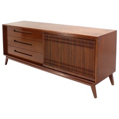 Danish Mid Century Modern Walnut Long Credenza Dresser with Sliding Door