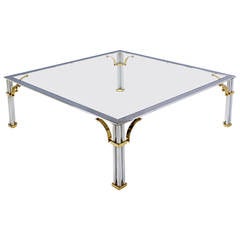 Large Square Mid-Century Modern Brass Chrome and Glass Coffee Table
