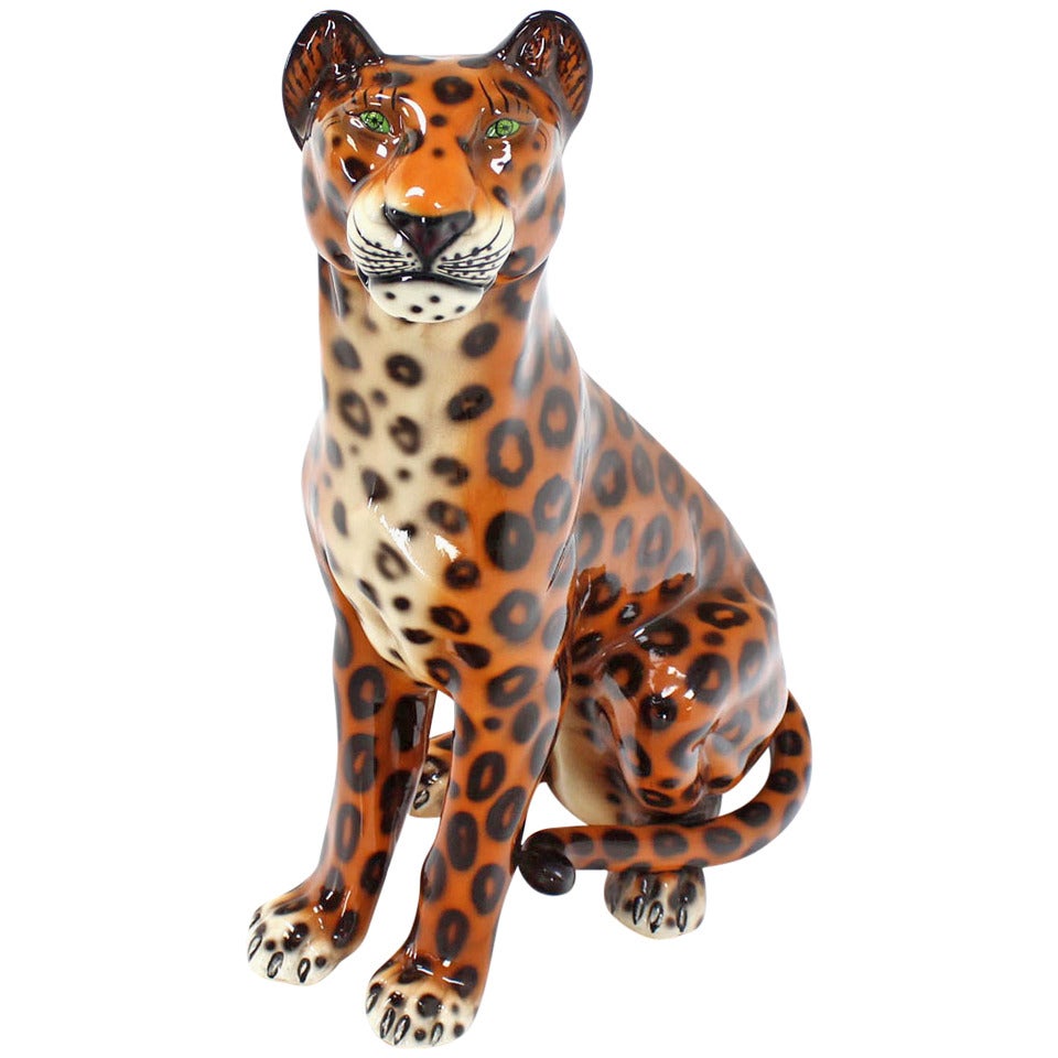 Tall Large Ceramic Porcelain Sculpture of a Cheetah Leopard Big Cat circa 1970s