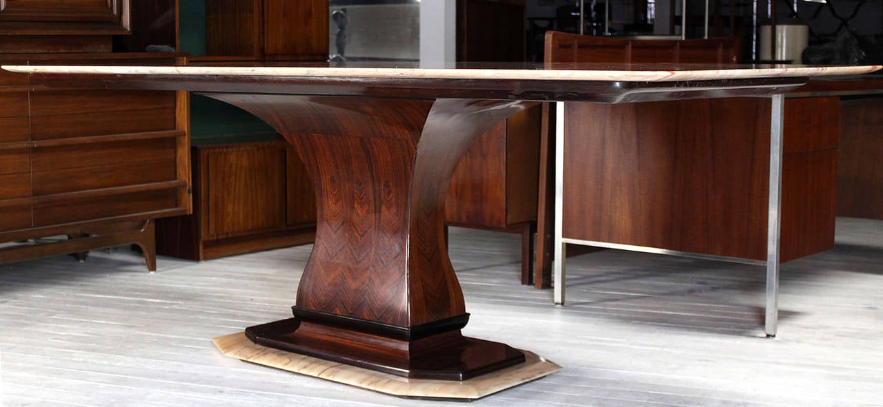 American Rosewood Pedestal Base with Marble-Top Boat Shape Dining Table