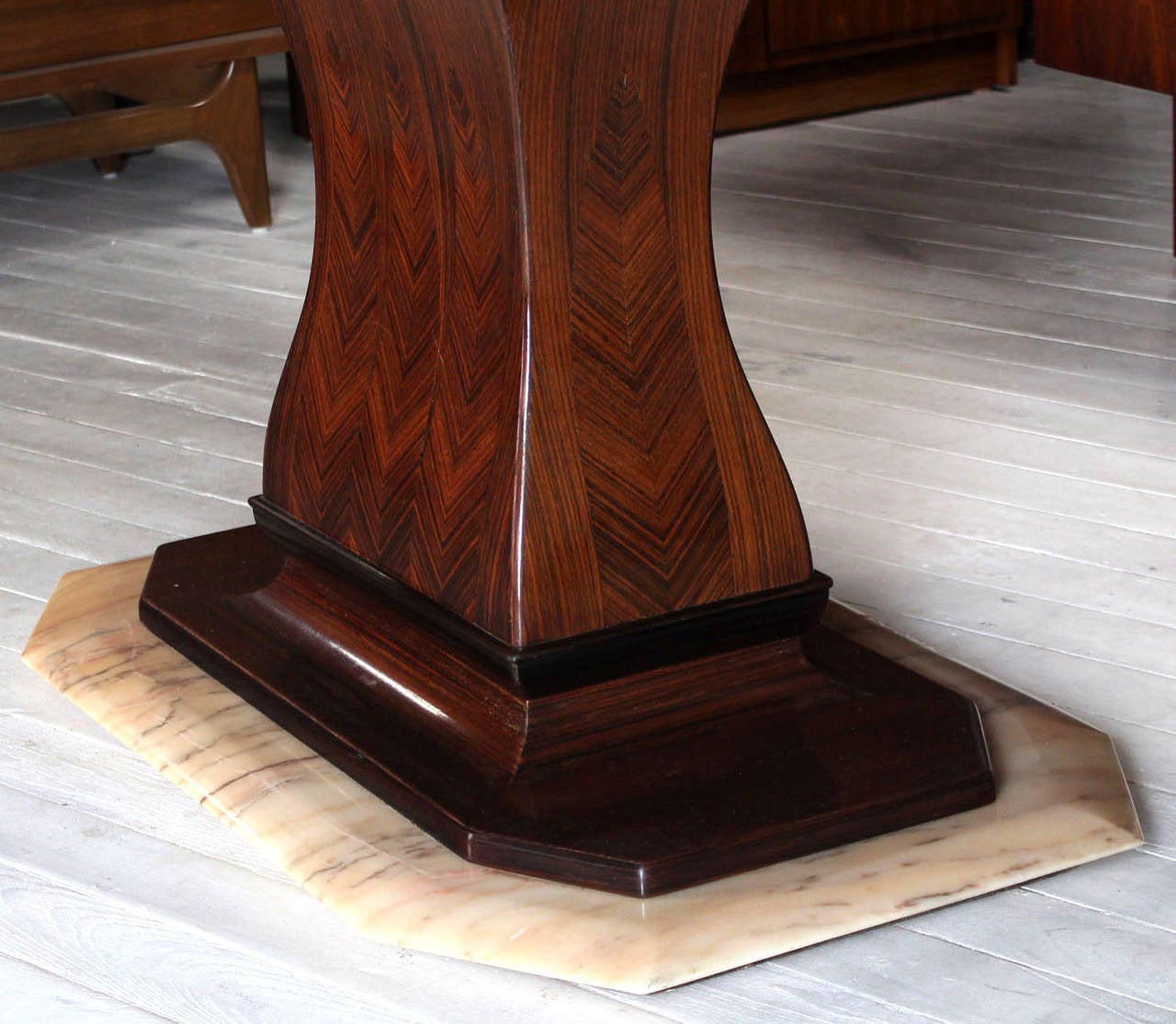 Rosewood Pedestal Base with Marble-Top Boat Shape Dining Table In Excellent Condition In Rockaway, NJ