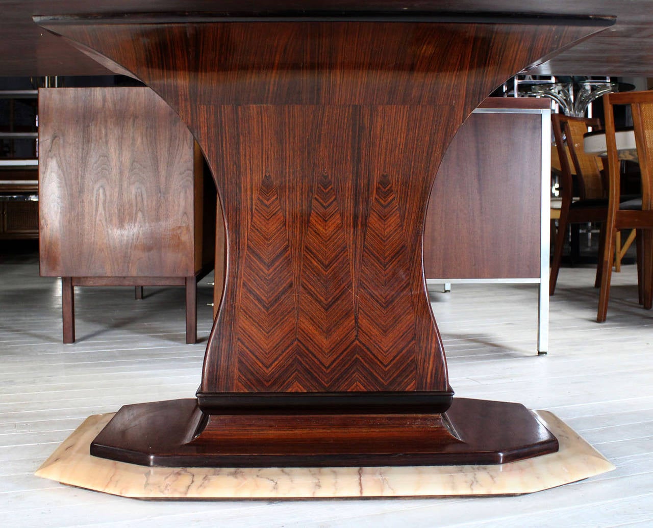 20th Century Rosewood Pedestal Base with Marble-Top Boat Shape Dining Table