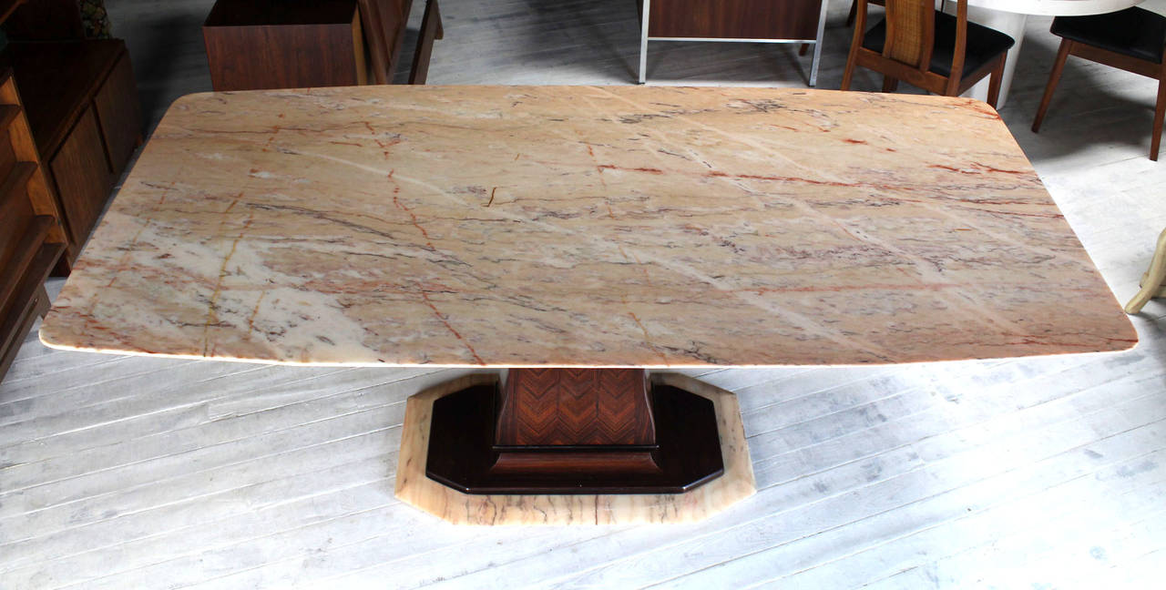 Mid-Century Modern Rosewood Pedestal Base with Marble-Top Boat Shape Dining Table