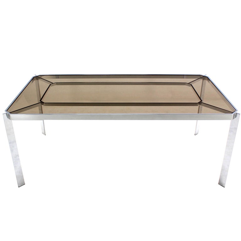 MidCentury Modern Chrome and Smoked GlassTop Dining Table, Style of
