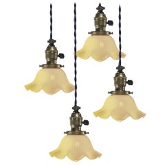 Antique Collection of 4 Ruffled Vaseline Glass Pendants