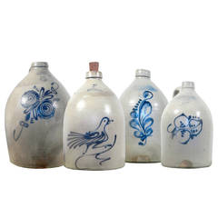 Collection of Antique Stoneware Blue Decorated Jugs