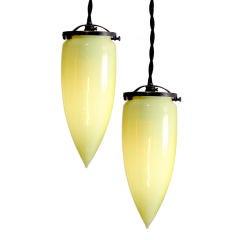 Pair of Tear Drop Vaseline Glass Pendent Lamps