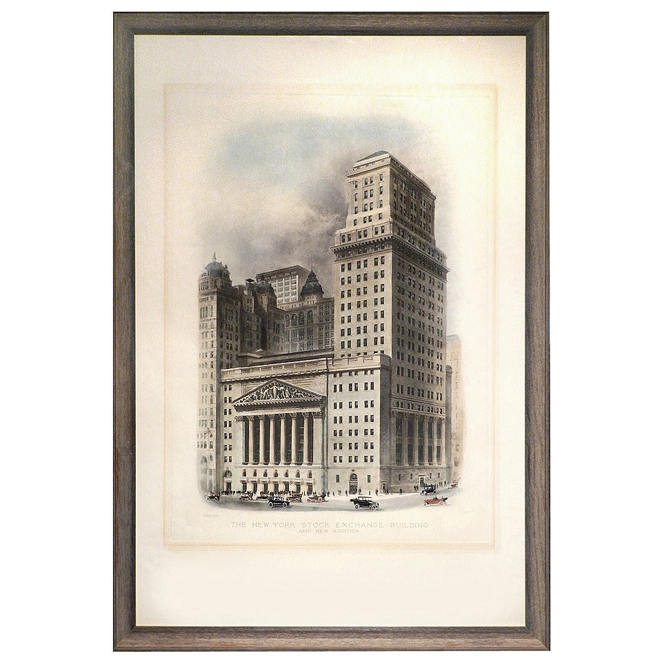 Large Albertype print of the New York Stock Exchange at Broad and Wall Streets, showing the main Greek Revival building (1903) designed by George Post and the 23-story tower added by architects Trowbridge and Livingston, which was completed in 1922.