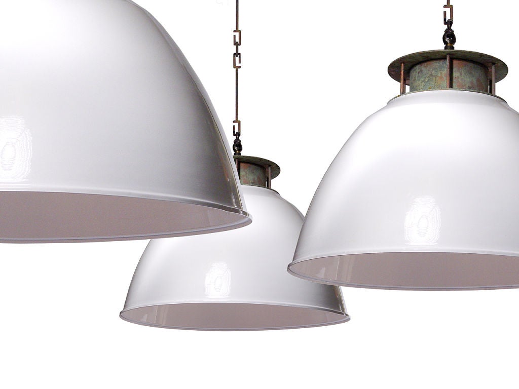 If you’re looking for an attention getting pendent lamp this unique medical/industrial fixture is it. The diameter is over 25″ and it’s 24″ tall. This over-size spun shade has generous proportions with a beautiful white enamel dome and a top drum