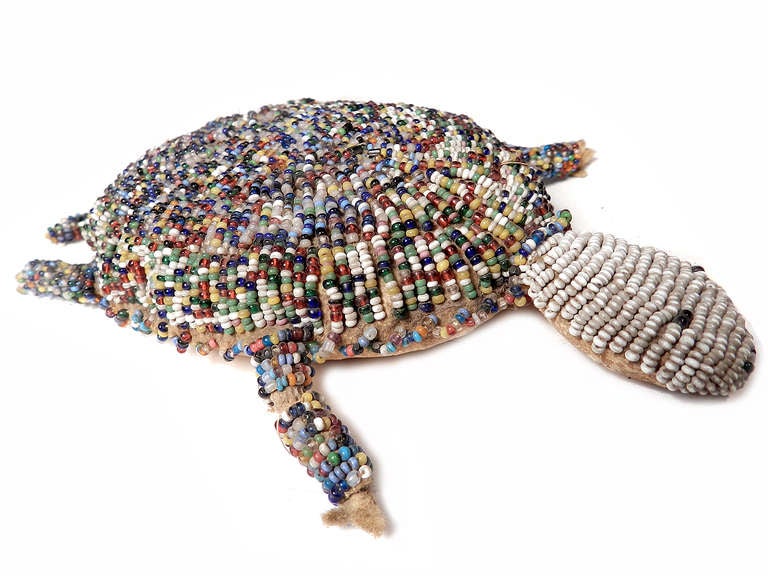 Primitive Early Sioux Indian Beaded Hide Turtle Fetish