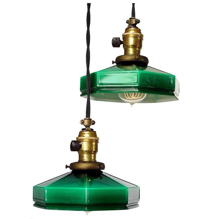 Matching Pair of Octagon Sandwich Glass Banker
s Lamps