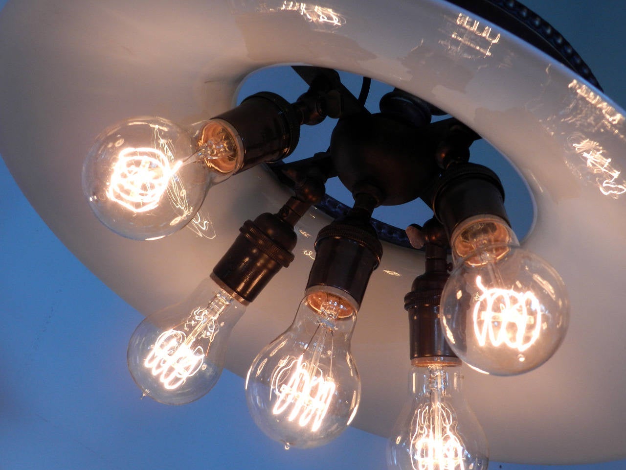 Large and Unique Five-Bulb Milk Glass Chandeliers