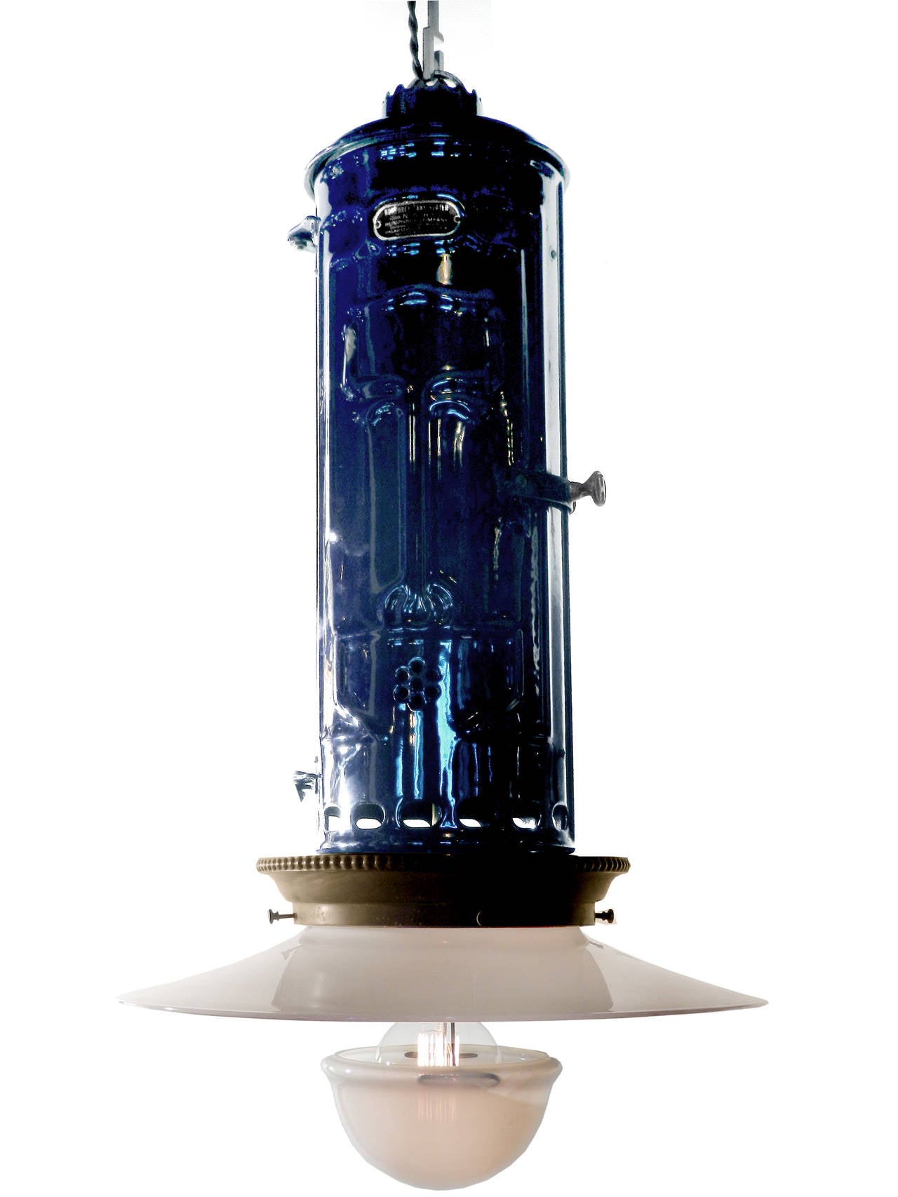 We got a bit crazy with these lamps and we're thrilled with the results.  One blue porcelain Humphery hot water heater is rare… imagine finding three. I believe these were made by Humphrey… The well known gas lamp company. This inspired us to to