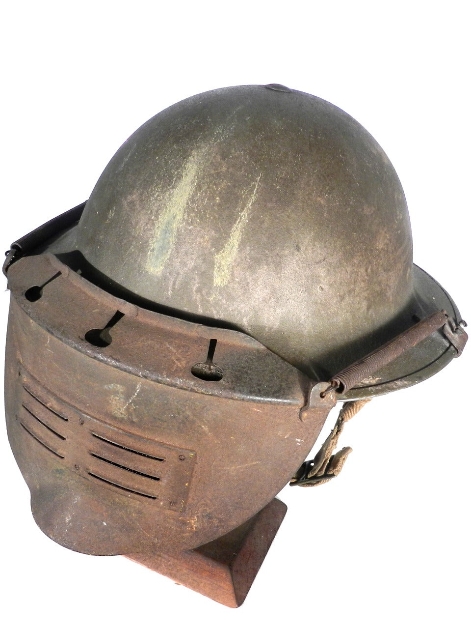 A superb and very rare WW2 British Army special duties helmet with visor face mask. It is in complete condition with original period factory (lightly textured) army green paint. The paint on the helmet is in good aged condition. The stamping on the