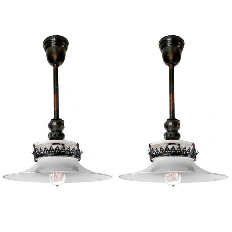 White Porcelain and Japanned Brass Pharmacy Lamps